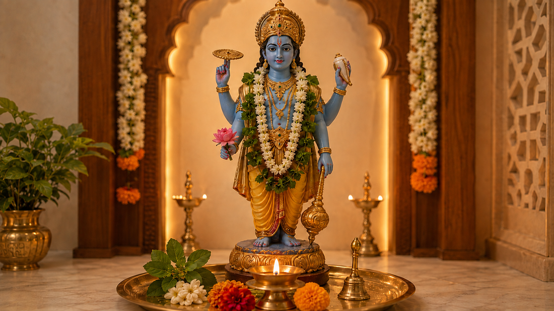 Lord Vishnu holding the Shankha, Chakra, Gada and Padma before a glowing diya in a flower-decorated home mandir.