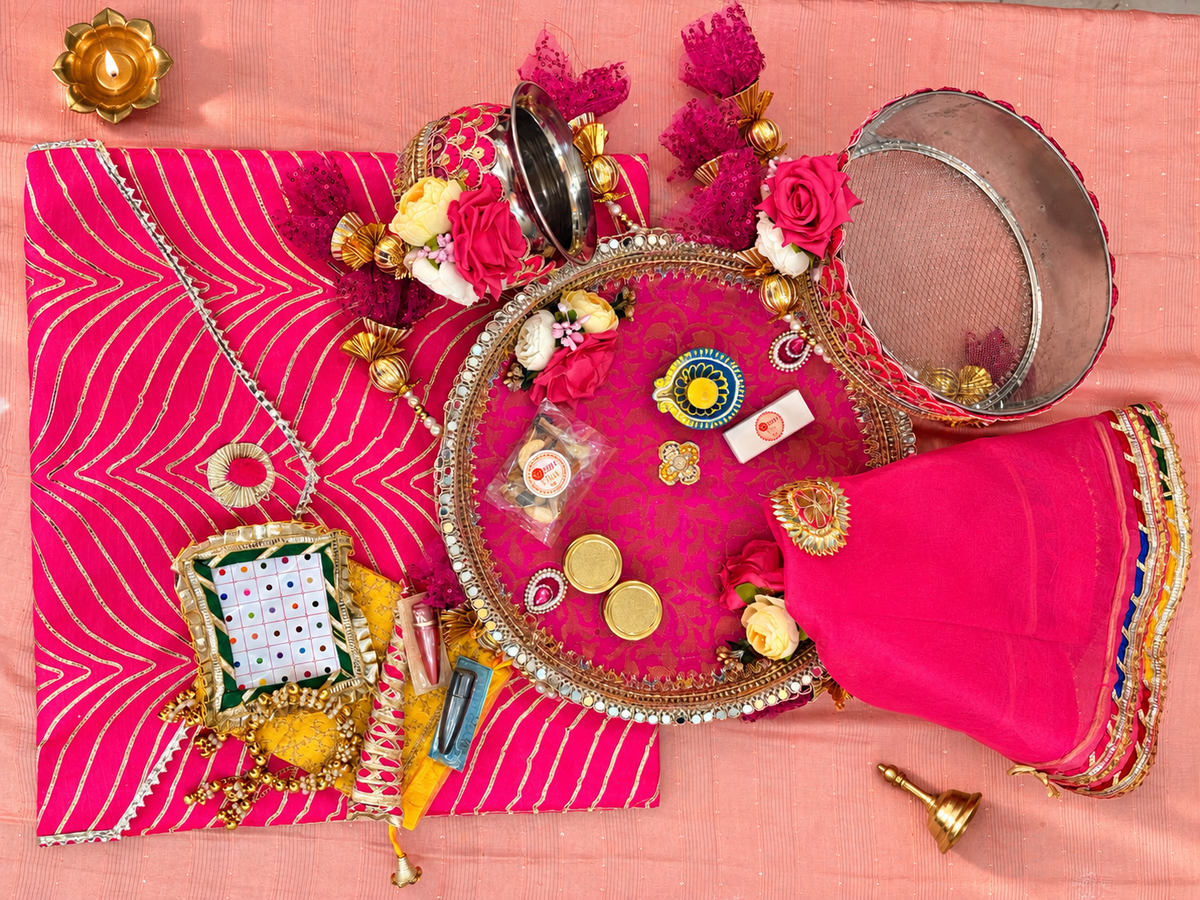 Pink Flower Karwa Chauth Kit